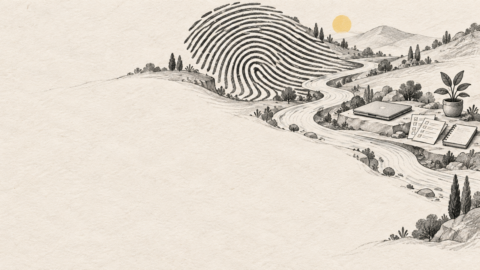 An illustrated landscape where a fingerprint becomes a road forward