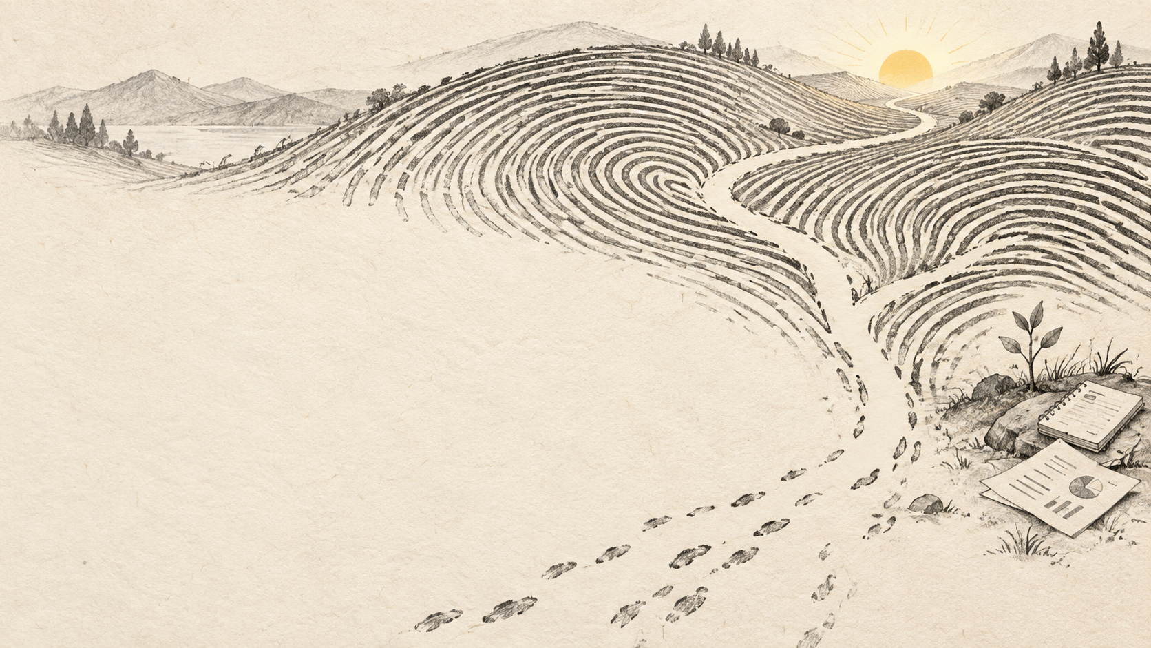 An illustrated landscape where fingerprint lines form terraced hills