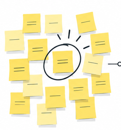 A cluster of yellow notes highlights a practical opportunity among everyday work.
