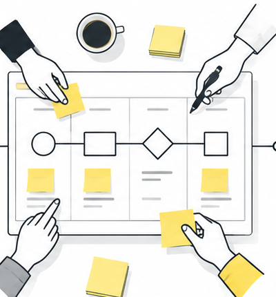 Several hands work together on a practical workflow canvas.